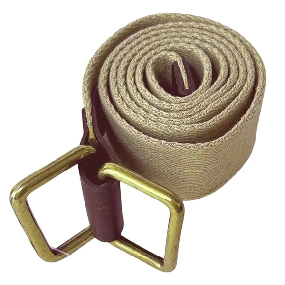 L.L. Bean Belt Square Ring Buckle Cotton Web & Leather Khaki Made in USA Vintage - Picture 2 of 12